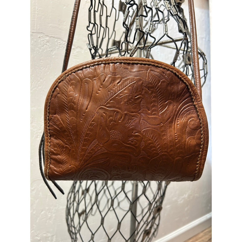 Margot Brown Floral Embossed Leather Crossbody Bag Dome Whipstitch Bohemian